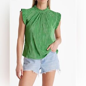 Express Ribbed Mock Neck Flutter Sleeve Top